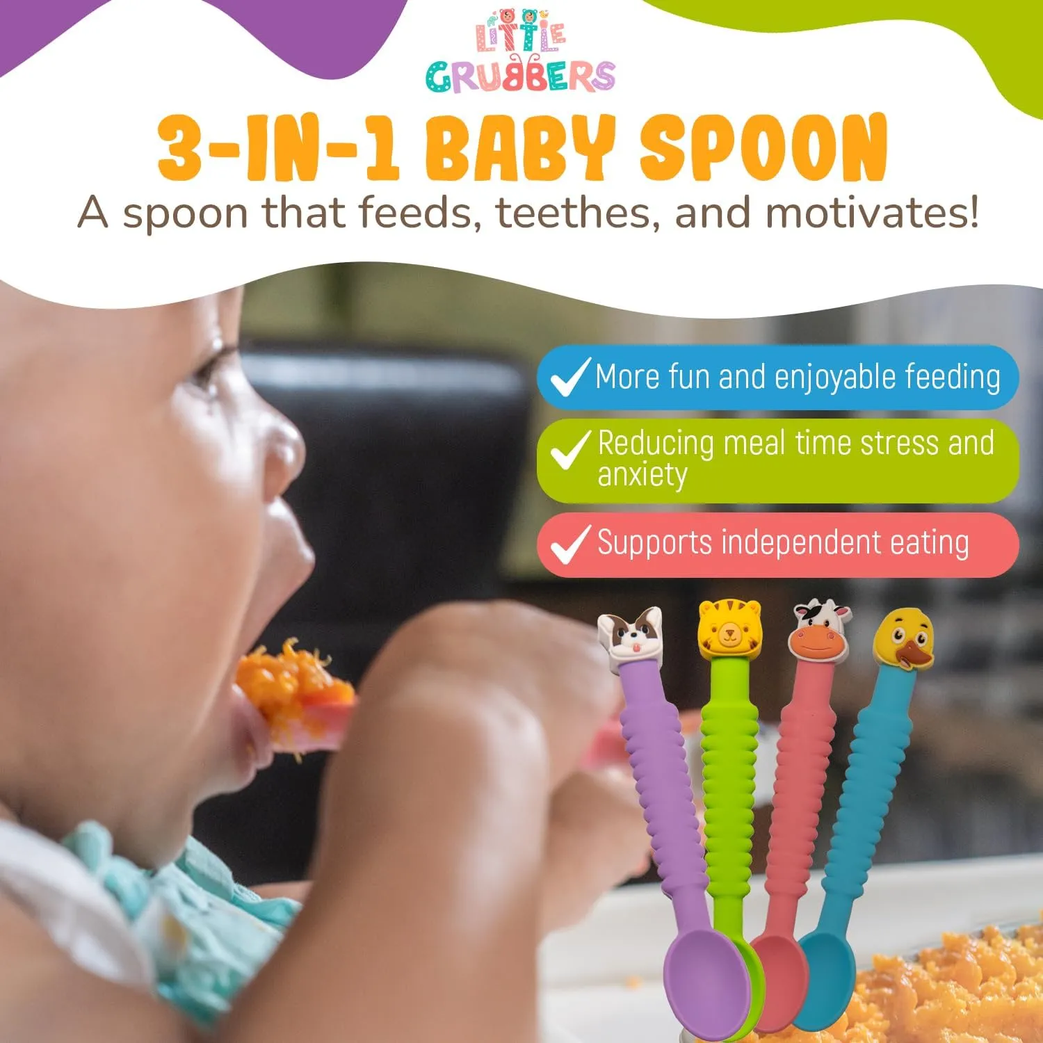 Baby using 3-in-1 silicone baby spoon during feeding time