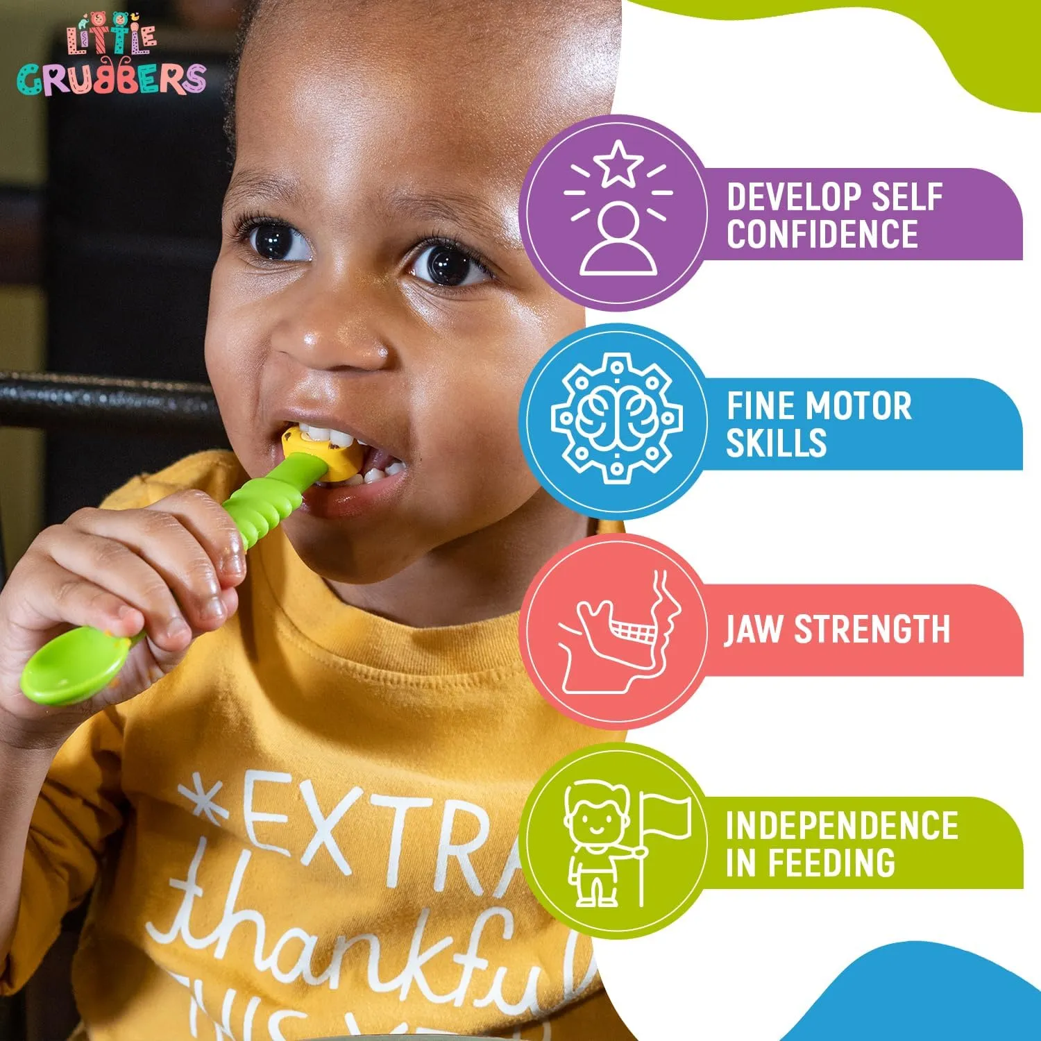 Baby using teether spoon with benefits for fine motor skills and independence in feeding