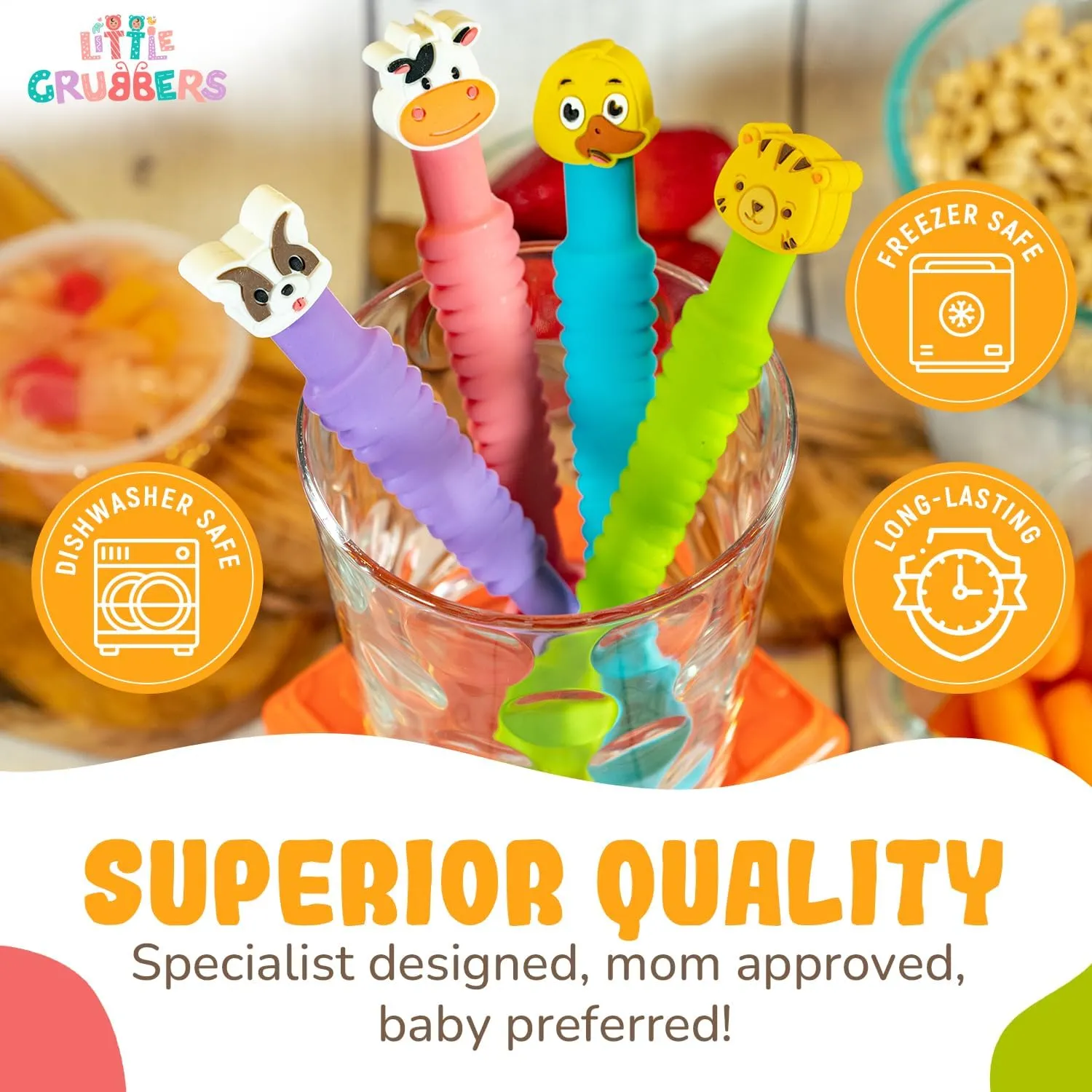 3-in-1 silicone baby spoons shown as dishwasher safe freezer safe and long-lasting