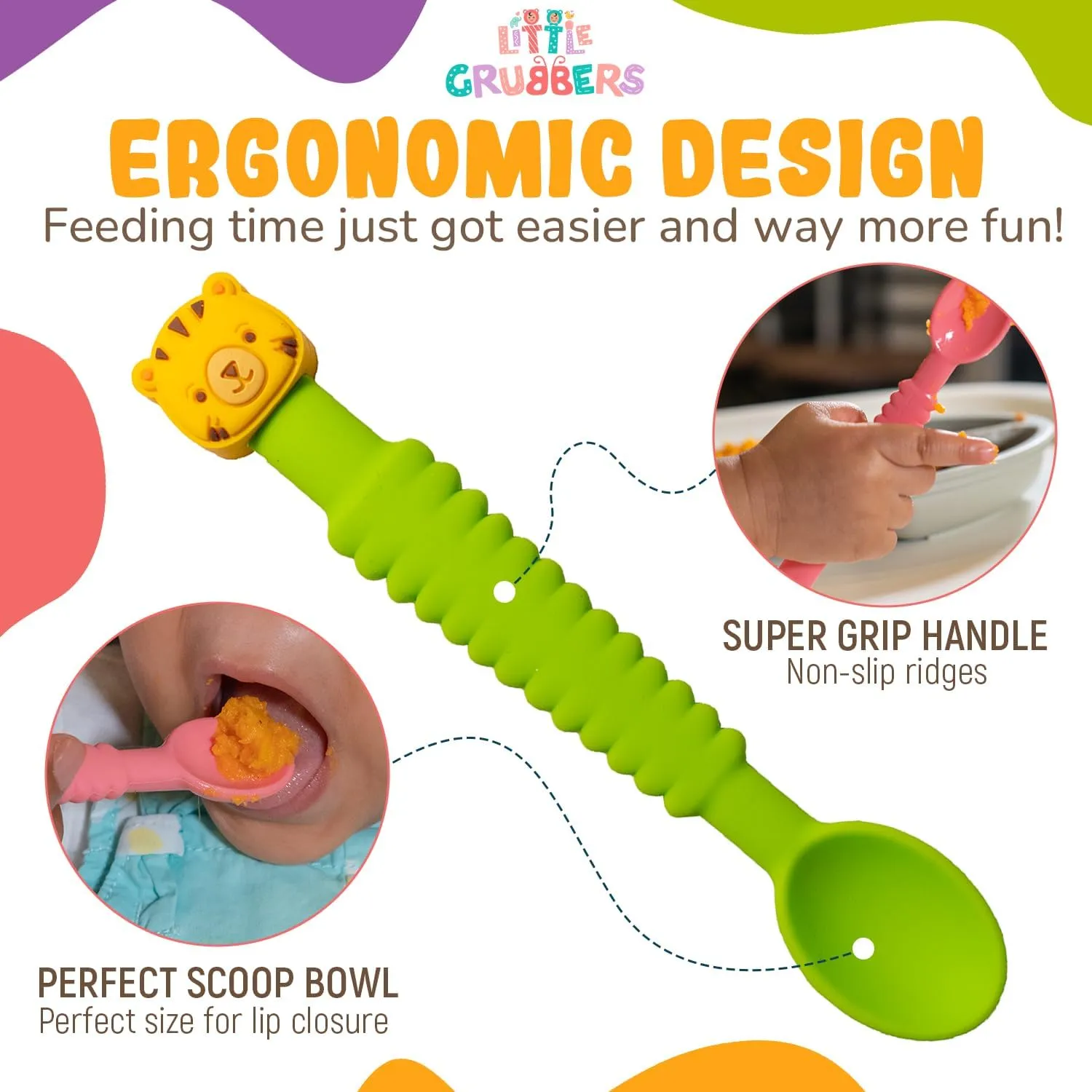 Ergonomic 3-in-1 baby spoon with super grip handle and scoop bowl