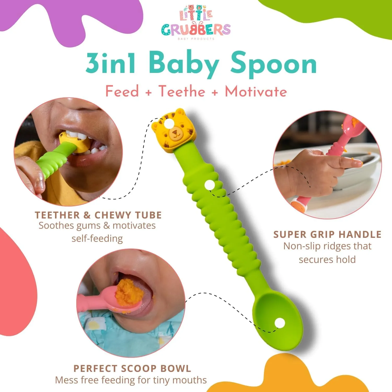 3-in-1 silicone baby spoon showing feed teethe and motivate uses