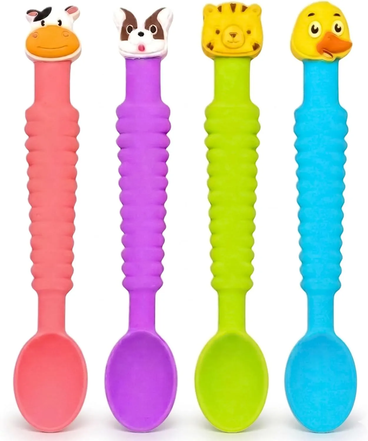 Four colorful 3-in-1 silicone baby spoons with animal characters