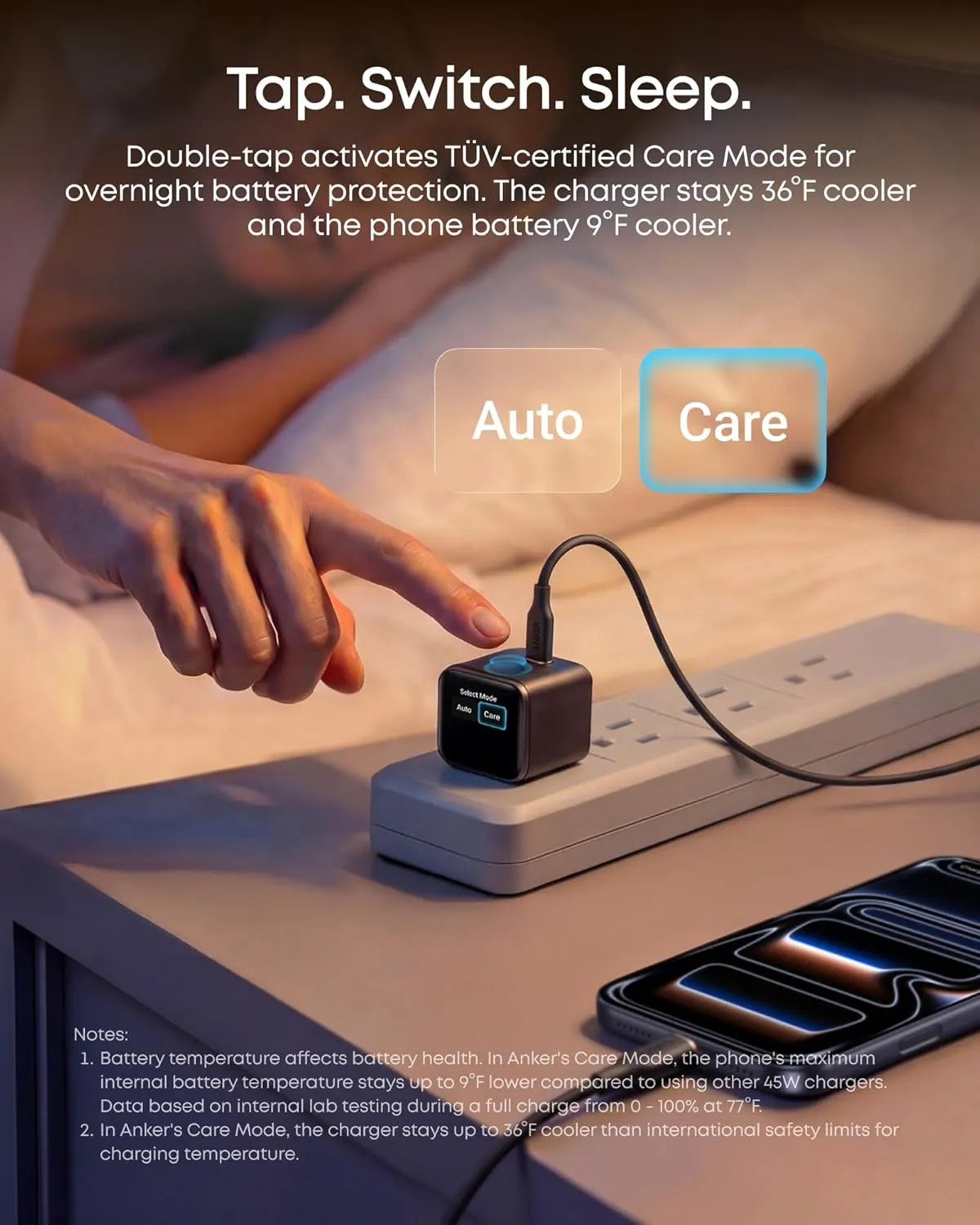 Anker Nano Care Mode activated on nightstand, switching from Auto to Care mode for overnight charging