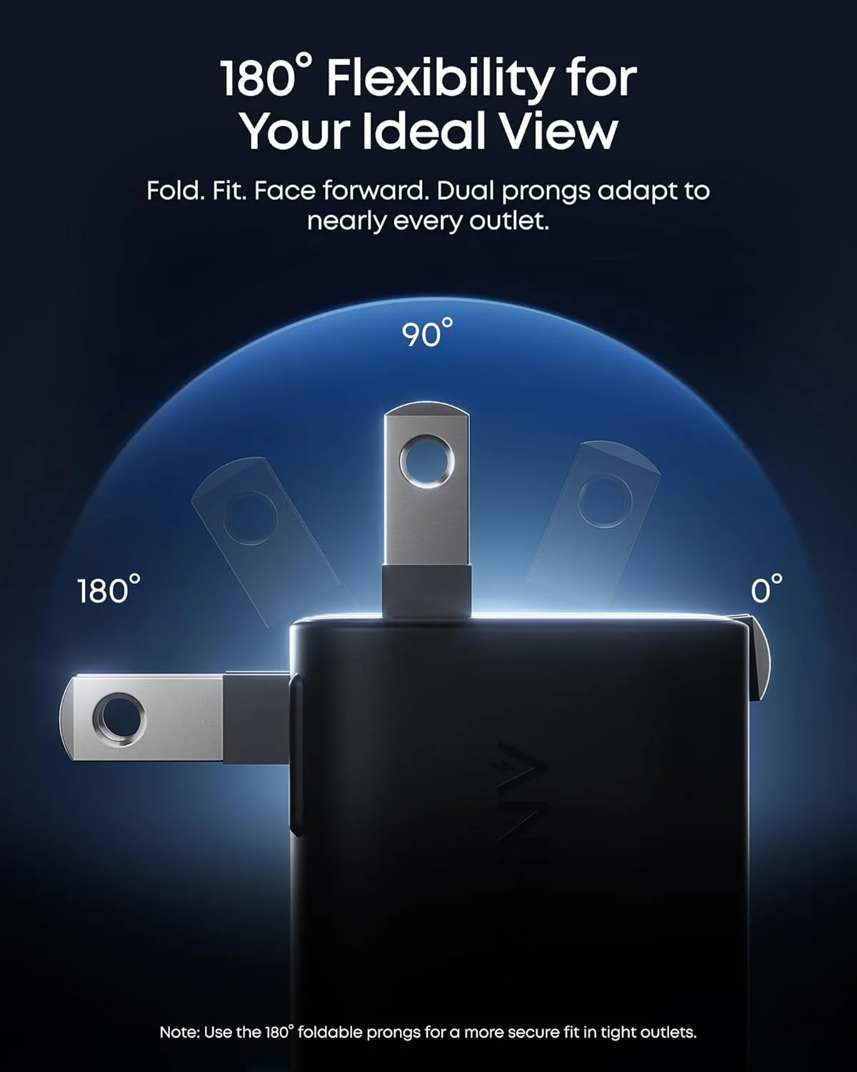 Anker Nano Smart Display Charger showing 180 degree foldable prong flexibility at 0, 90, and 180 degrees
