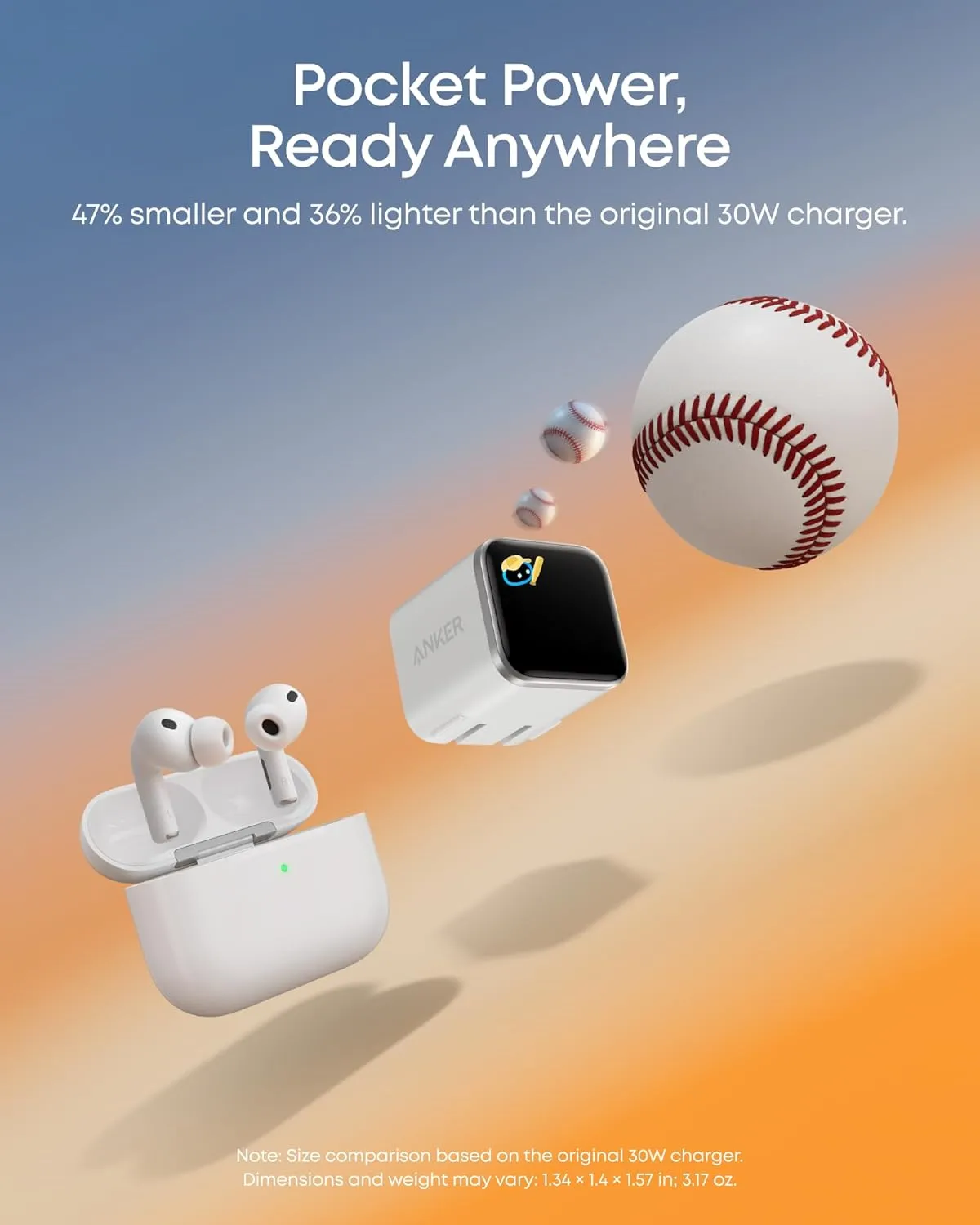 Anker Nano 45W charger size comparison showing pocket-sized portability with AirPods and baseball
