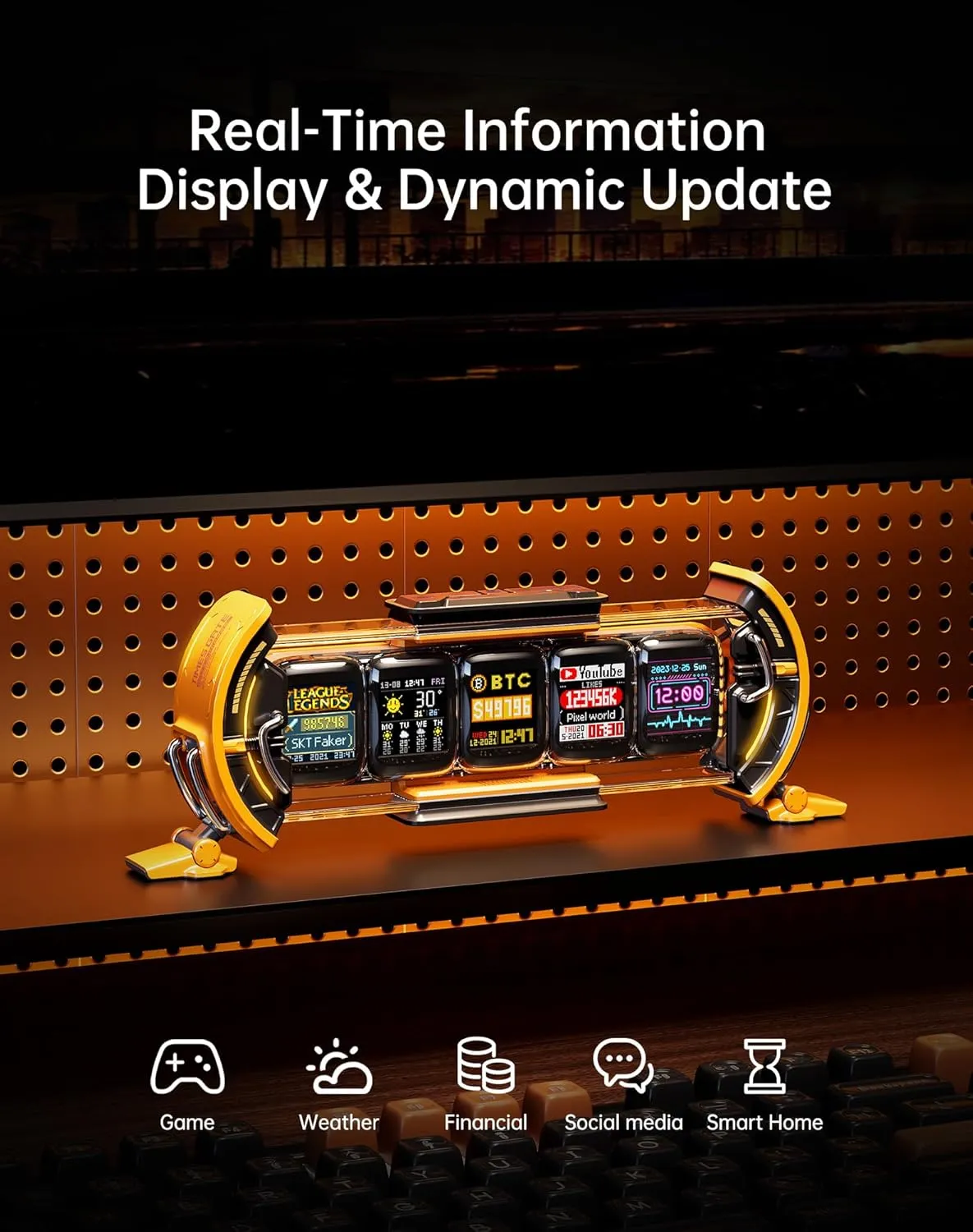 Divoom Times Gate showing real-time information, weather, finance, social media, smart home, and game widgets