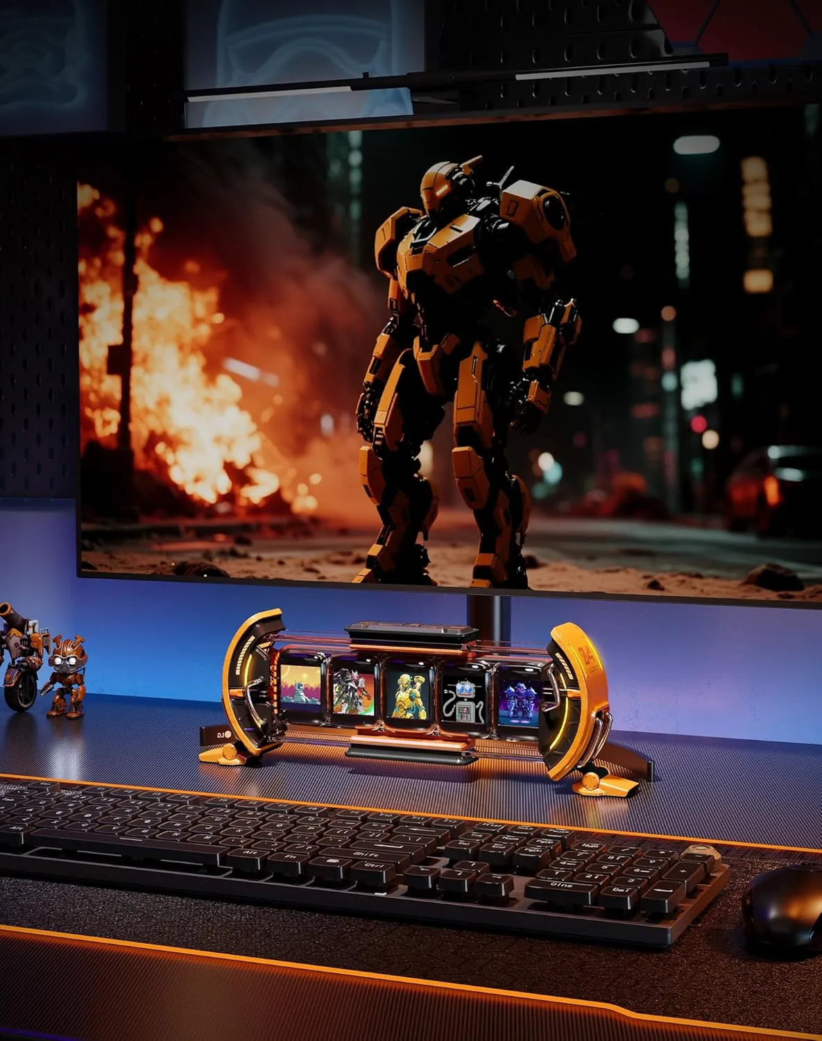 Divoom Times Gate on a cyberpunk gaming desk setup with animated pixel screens