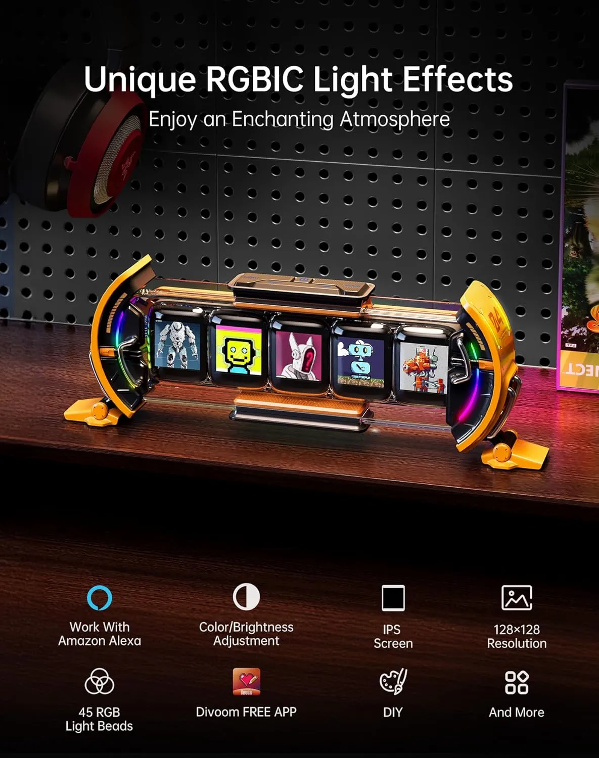 Divoom Times Gate RGBIC light effects, IPS screen, app control, and pixel display features