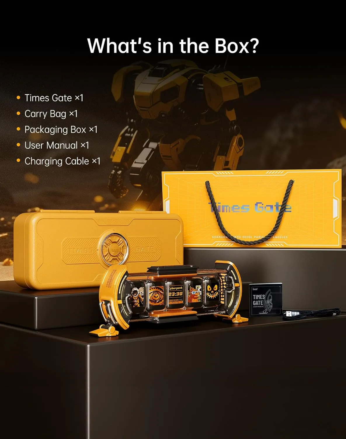 Divoom Times Gate box contents including device, carry bag, box, user manual, and charging cable