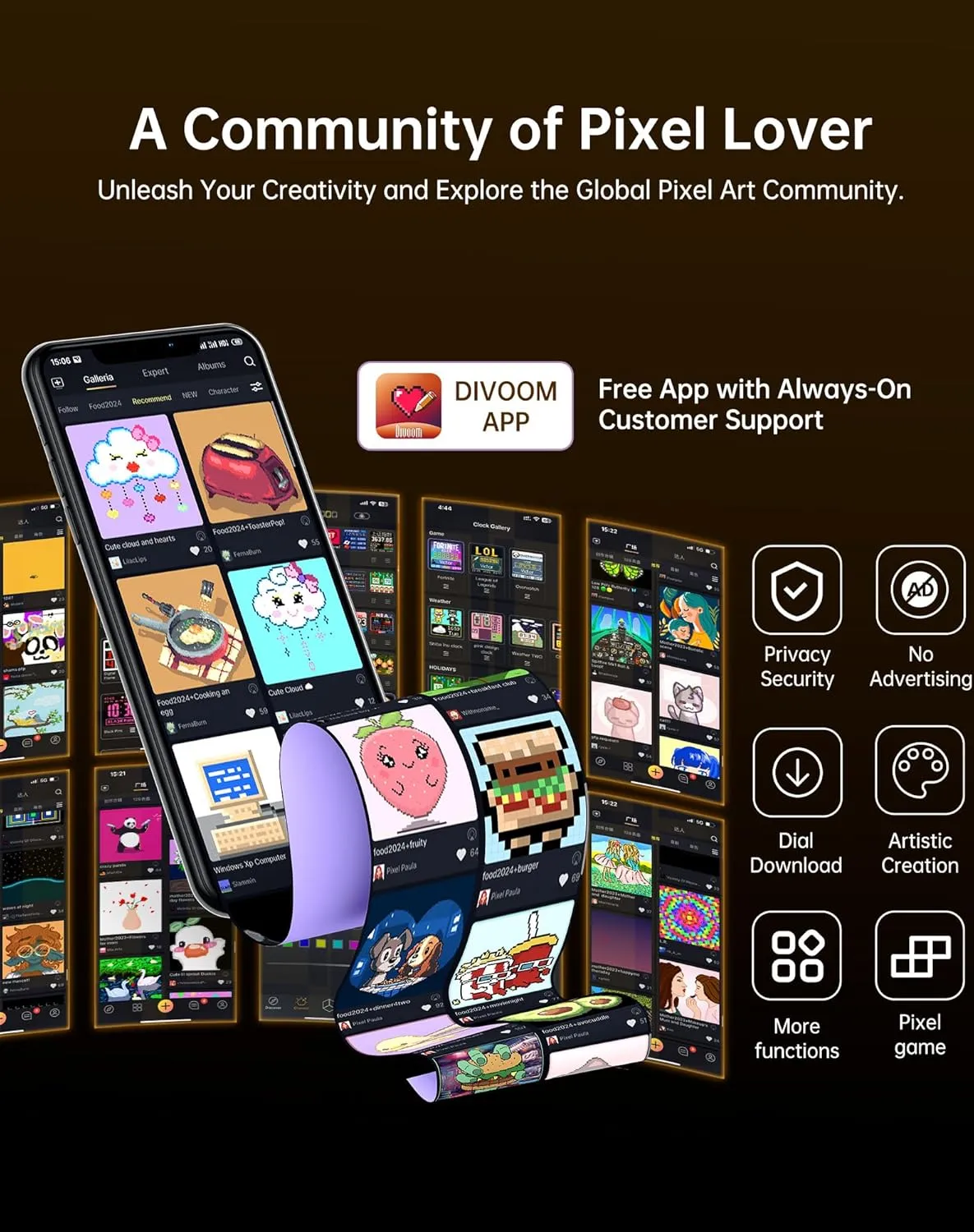 Divoom app pixel art community, free app, privacy security, downloads, and artistic creation features