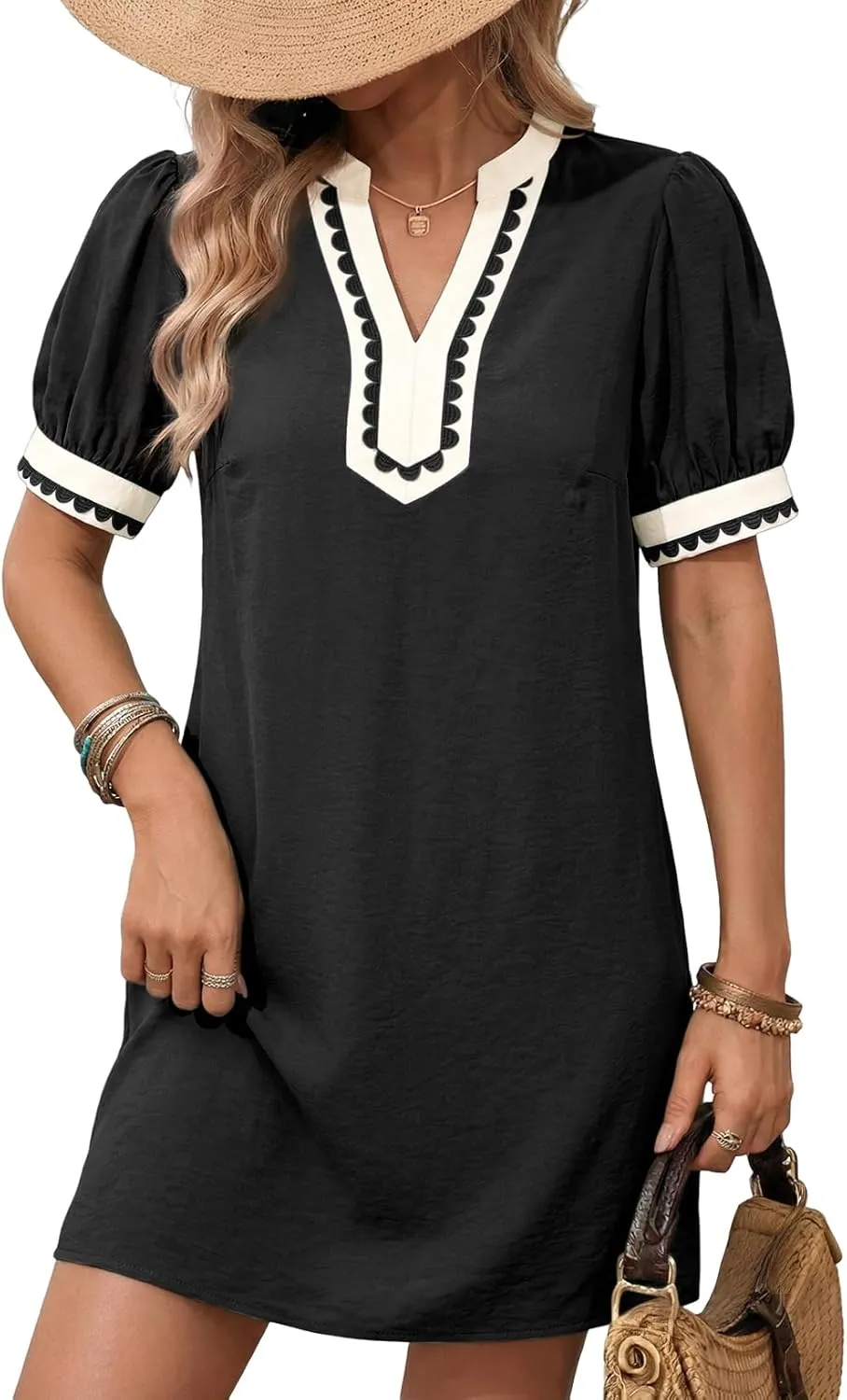 Dokotoo Summer Dresses for Women 2026 black puff sleeve mini dress styled on a city street