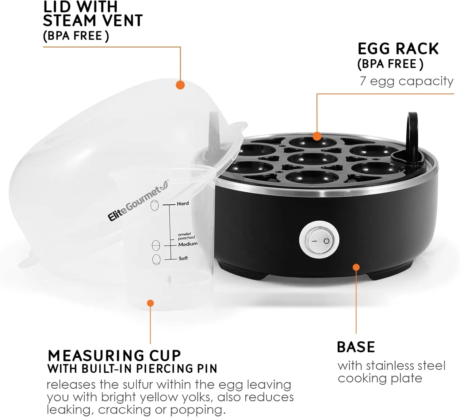 Elite Gourmet Electric Egg Cooker parts including lid, rack, measuring cup, and base