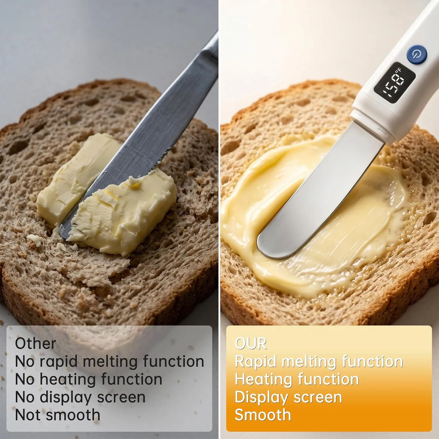 Before and after comparison of regular knife versus heated butter knife spreading