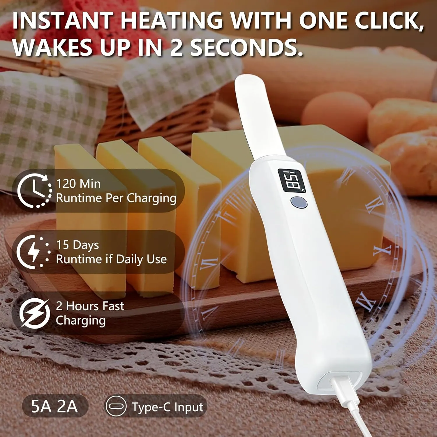 Heated butter knife runtime and Type-C charging information