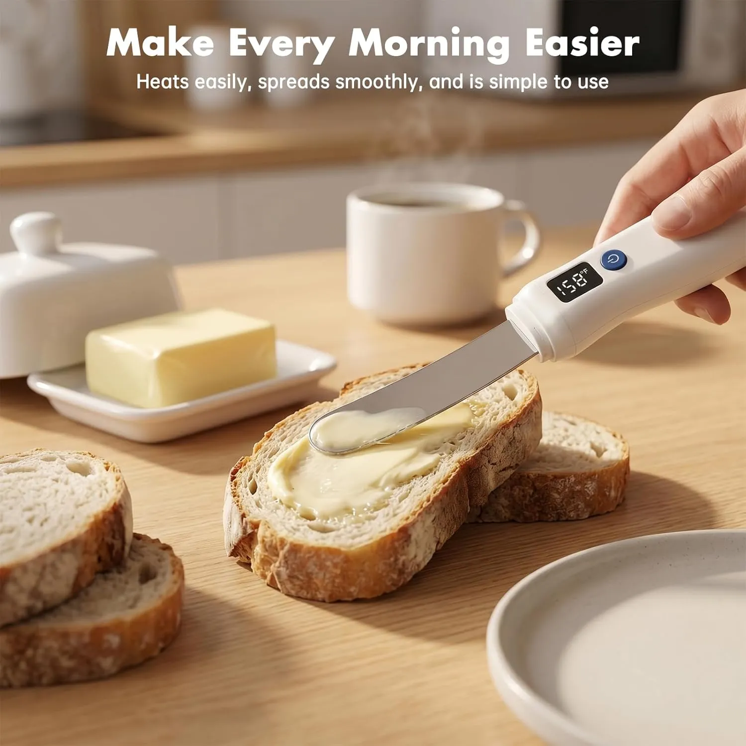 Heated butter knife spreading butter smoothly on toast