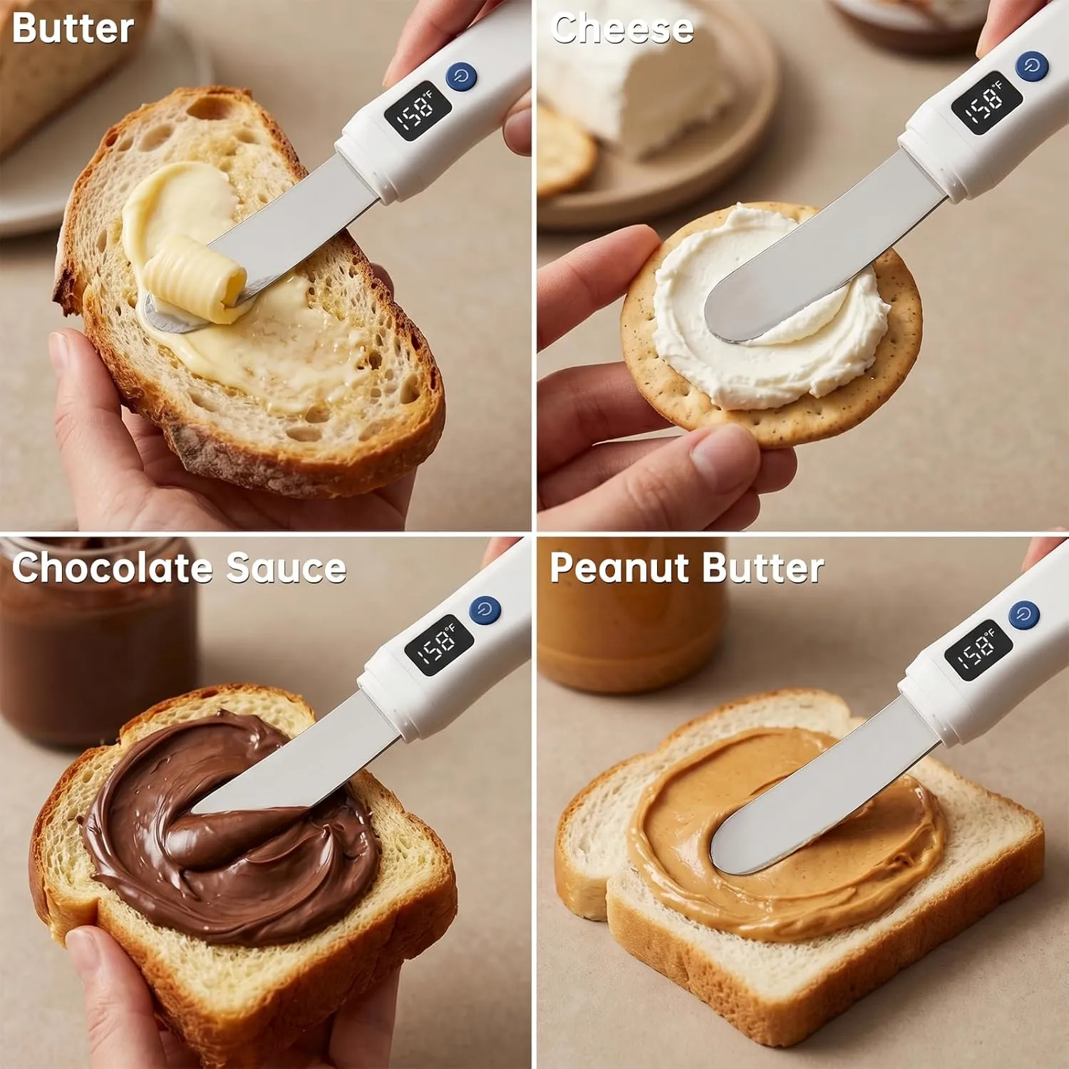 Heated butter knife used with butter cheese chocolate sauce and peanut butter