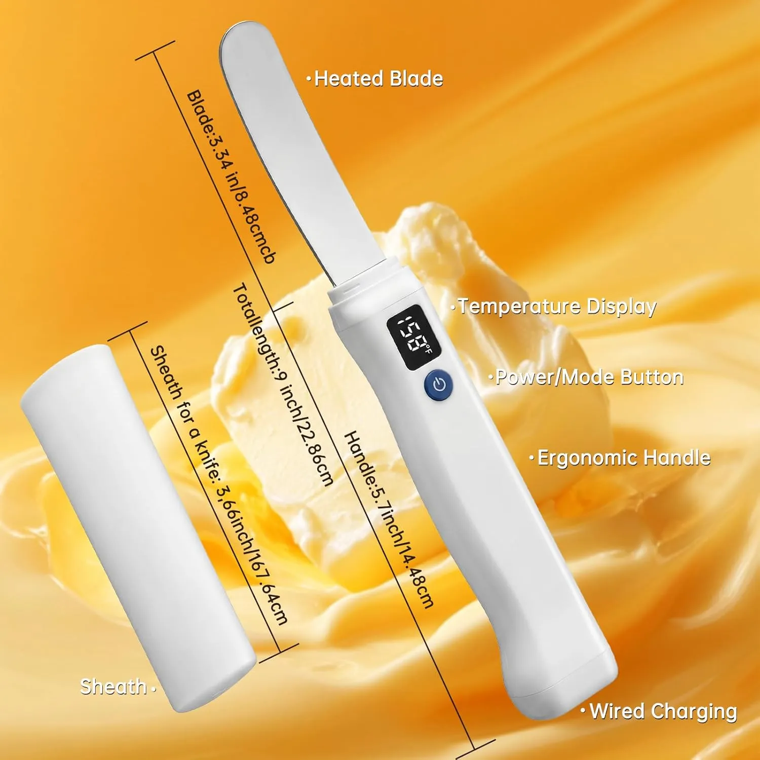 Heated butter knife parts with blade, sheath, temperature display, handle, and charging