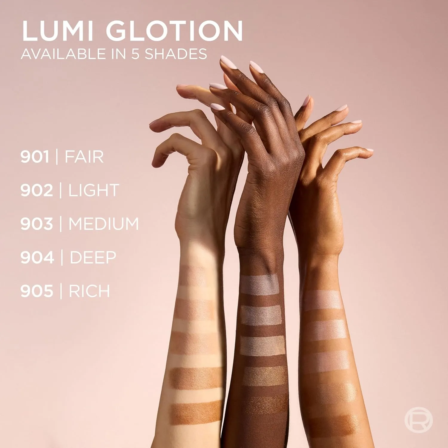 L'Oreal Lumi Glotion available in five shades swatched on different skin tones