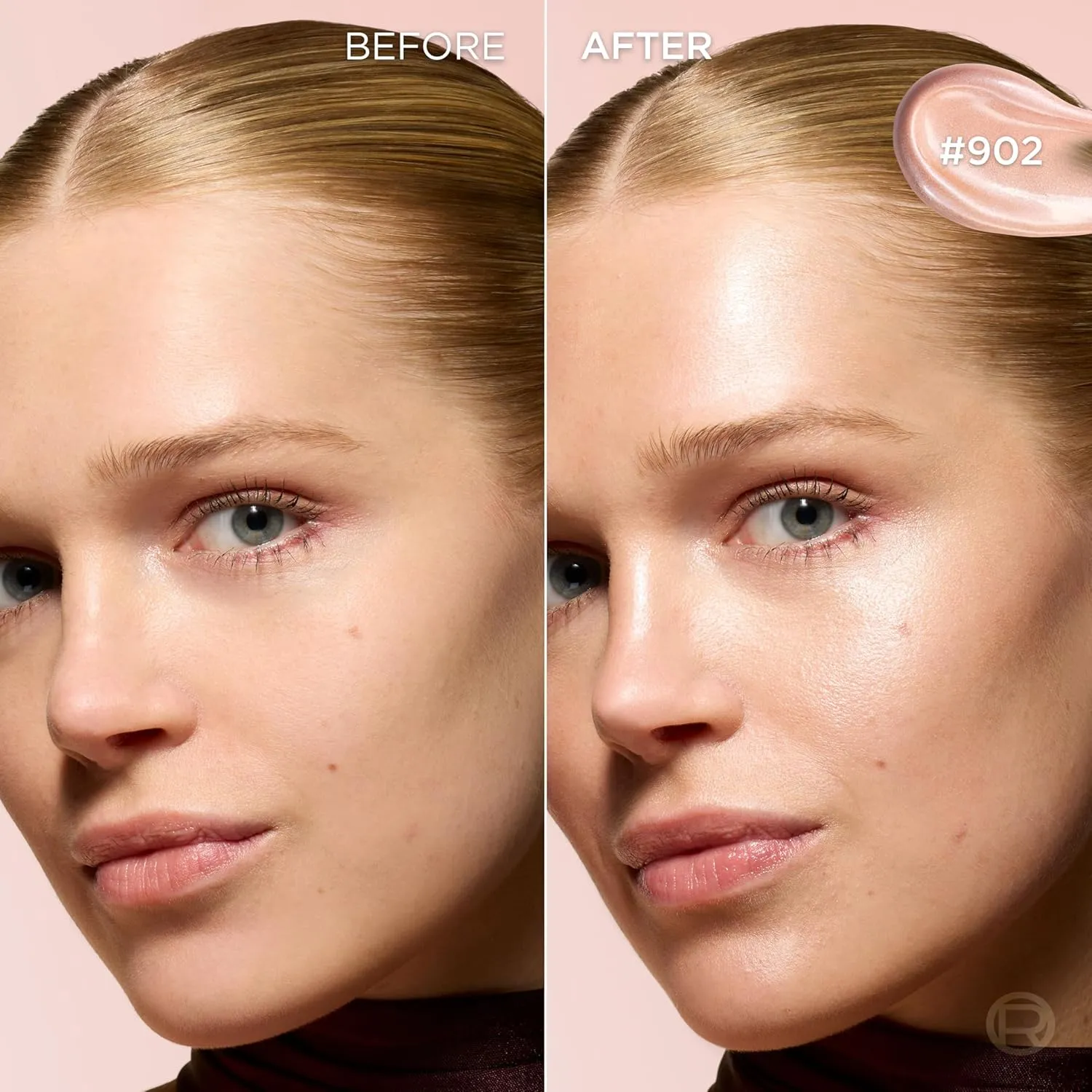 Before and after glow result for L'Oreal Lumi Glotion shade 902