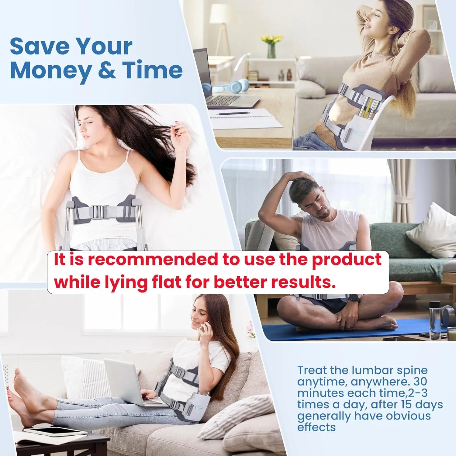 manual lumbar traction device shown in home-use positions and lying flat guidance