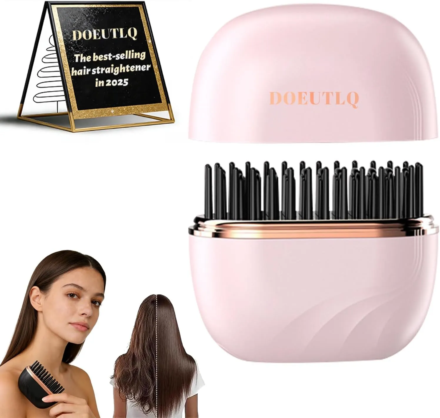 Mini cordless hair straightener brush with protective cover and smooth hair result