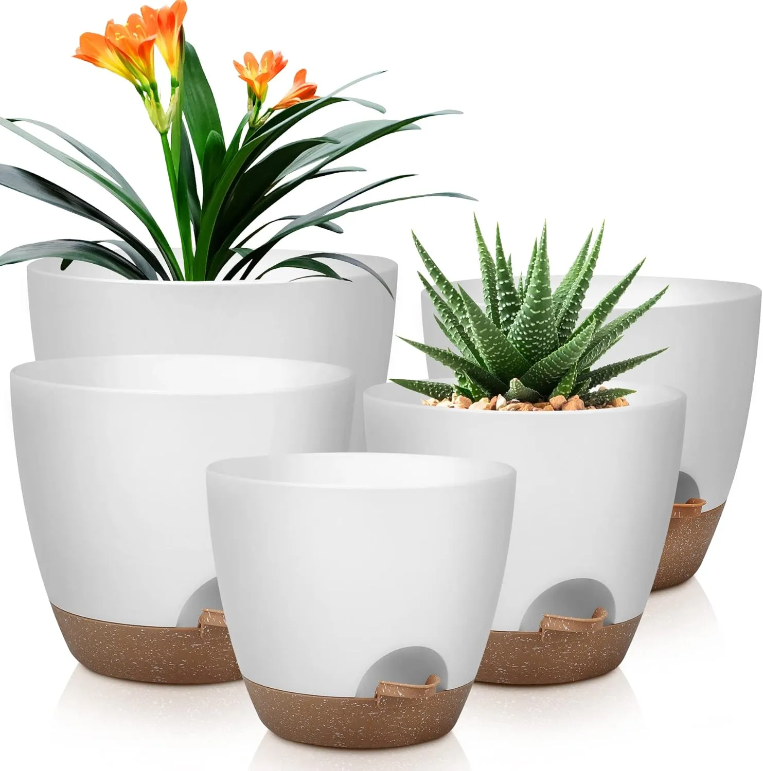 QRRICA set of 5 white and speckled self watering plant pots with plants