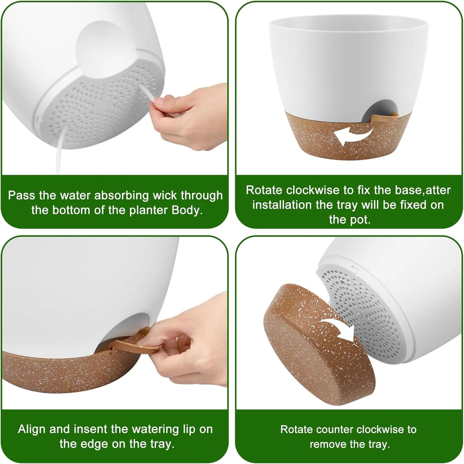 QRRICA self watering pot setup steps with wick and removable tray