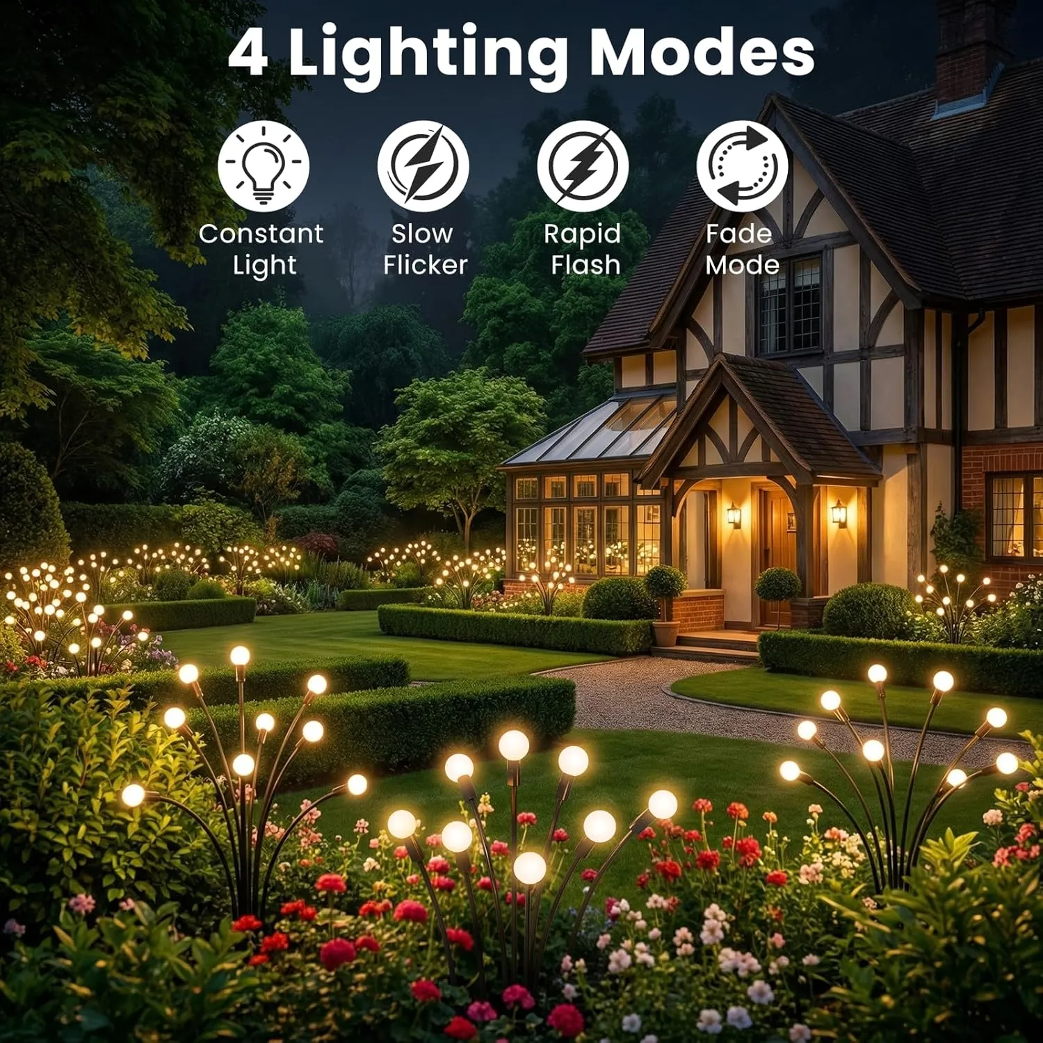 Solar Lights Outdoor Waterproof for Garden Decor glowing in a landscaped yard at night