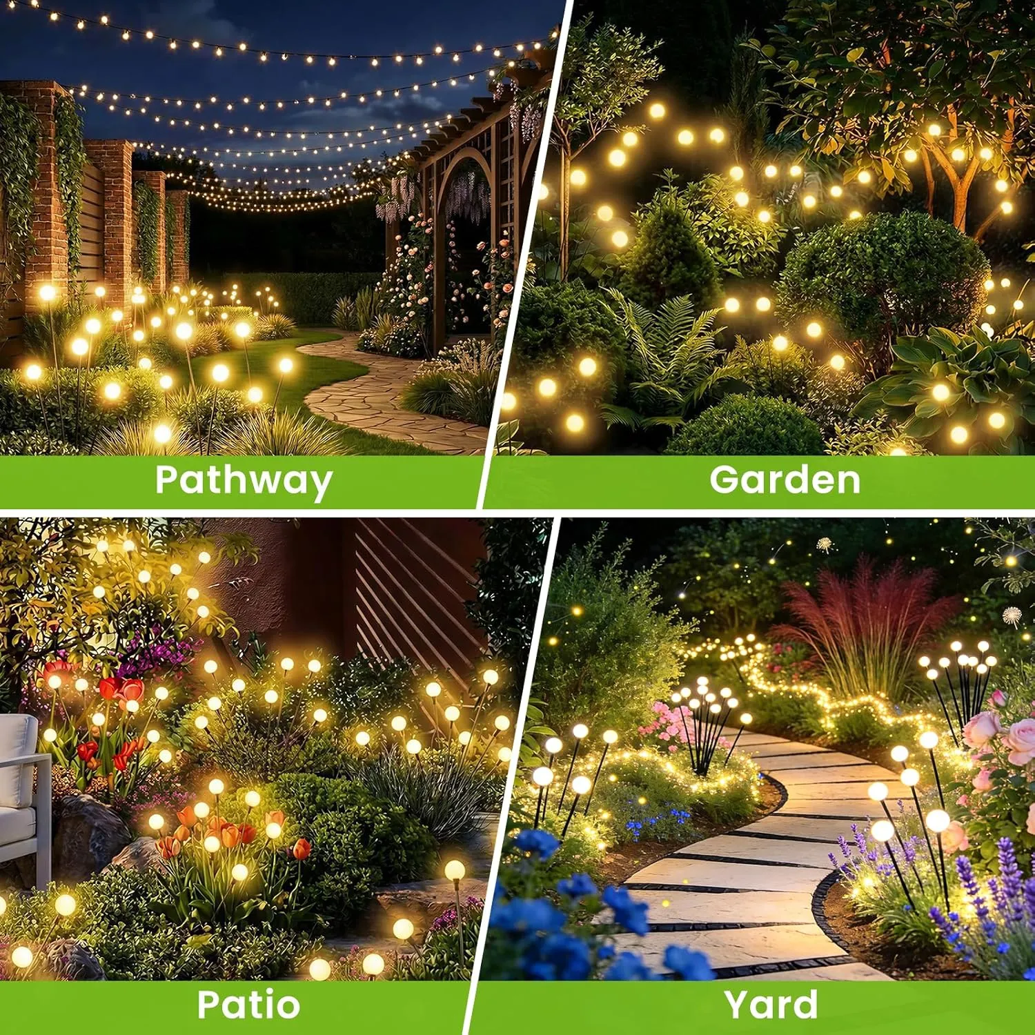 Solar firefly garden lights used around pathway garden patio and yard