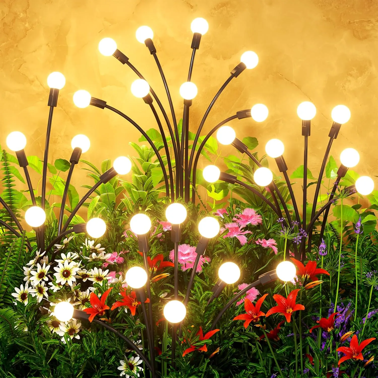 Warm solar garden lights glowing among flowers
