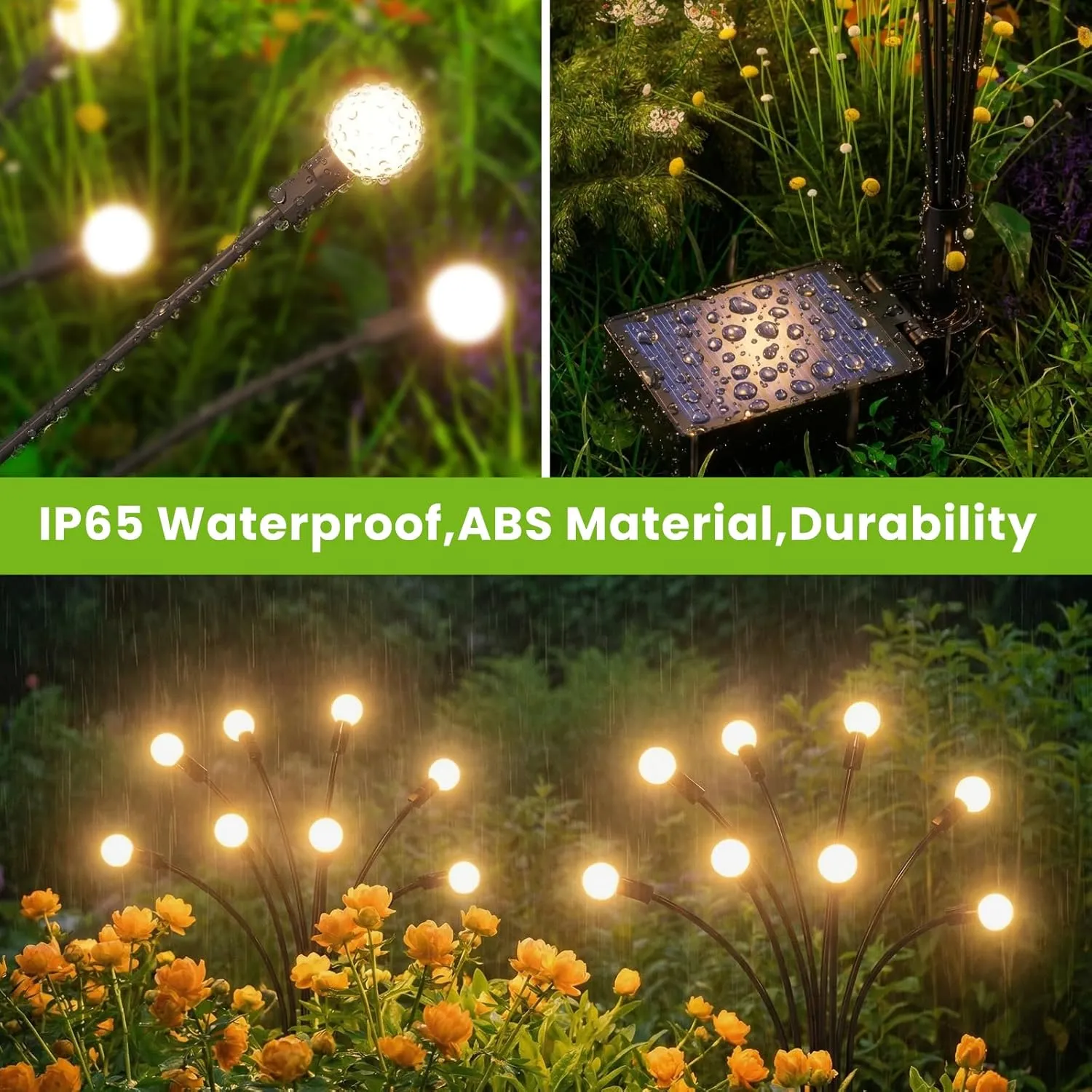 Waterproof solar panel and garden light closeup with water drops